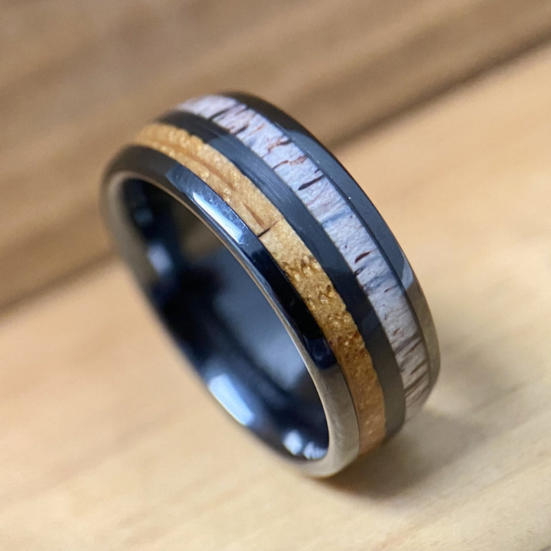 "The Daniel Boone" Kentucky Straight Bourbon Whiskey Barrel Black Ceramic Ring With Antler ALT Wedding Band BW James Jewelers 