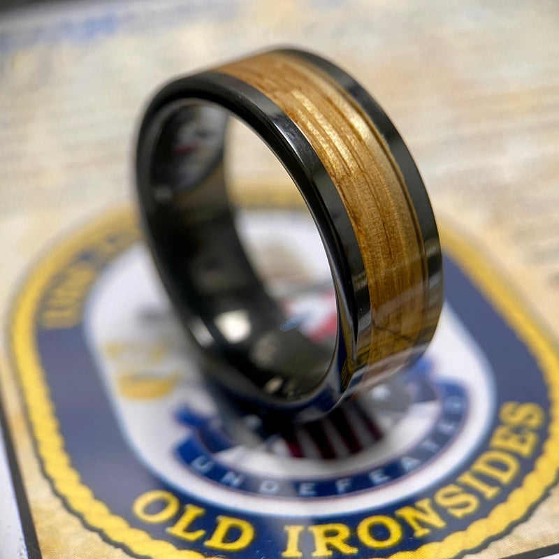 “Old Ironsides" 100% USA Made Black Ceramic Ring With Wood From USS Constitution Ship ALT Wedding Band BW James Jewelers 