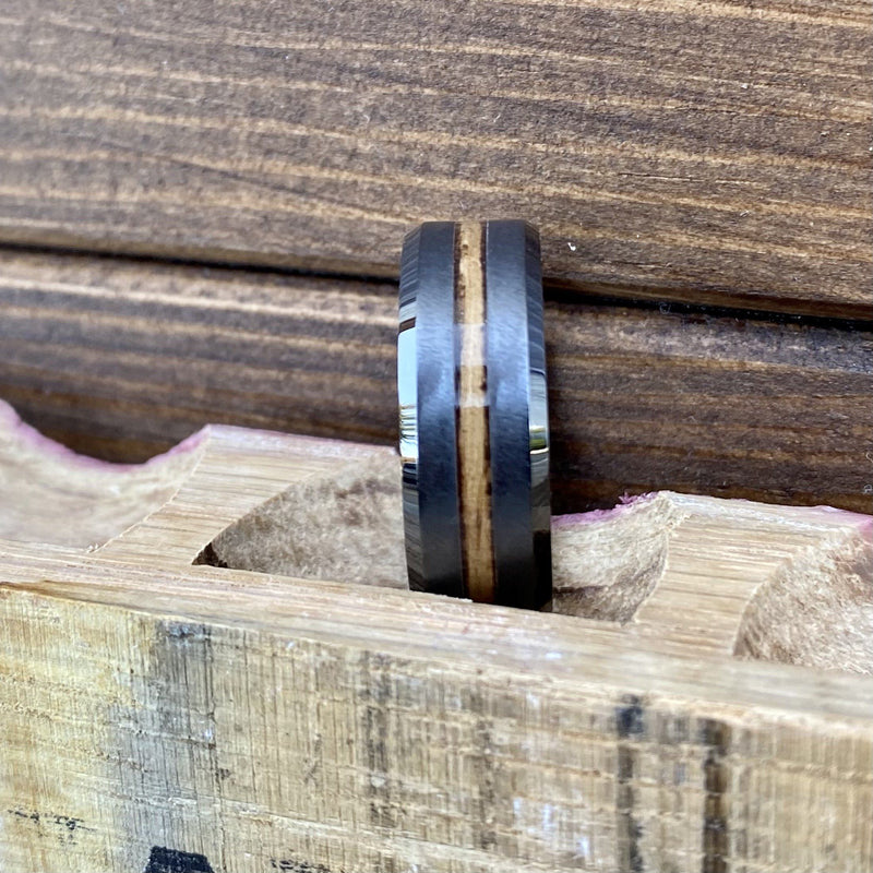 100% USA Made 8mm Black Diamond Ceramic Beveled Edge Band with Bourbon Barrel Inlay and Grain Finish Barrel Aged 