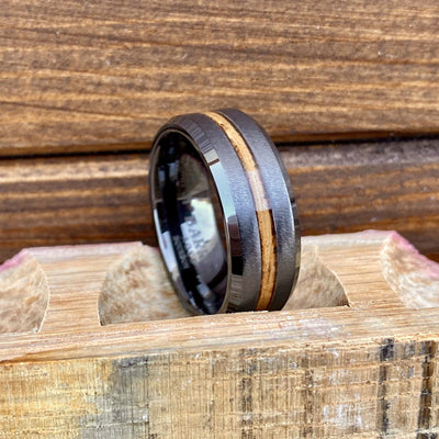 100% USA Made 8mm Black Diamond Ceramic Beveled Edge Band with Single Malt Whiskey Barrel Inlay and Grain Finish Barrel Aged 