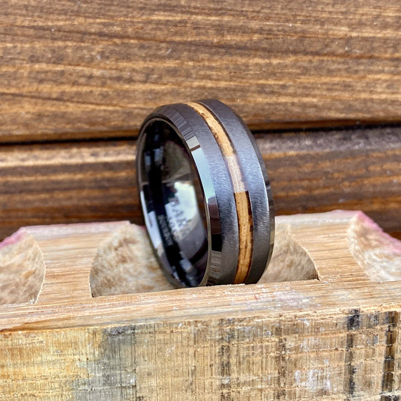 100% USA Made 8mm Black Diamond Ceramic Beveled Edge Band with Single Malt Whiskey Barrel Inlay and Grain Finish Barrel Aged 