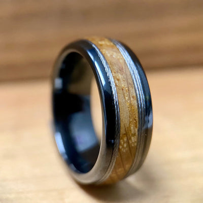 “The Skipper” Kentucky Bourbon Whiskey Barrel Black Ceramic Ring With Fishing Line ALT Wedding Band BW James Jewelers 