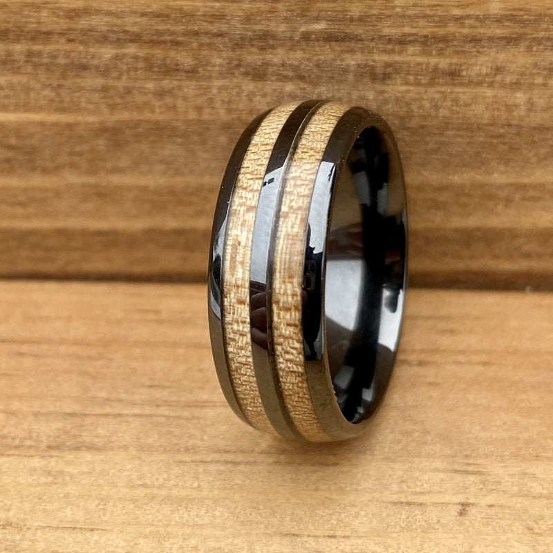“The Aviator” 100% USA Made Black Ceramic Ring With Wood From RAF Mosquito Airplane ALT Wedding Band BW James Jewelers 