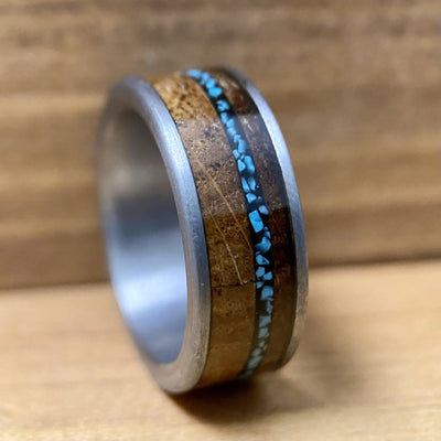 “The Tucson” Heavy Tungsten Ring With Reclaimed Bourbon Barrel And Turquoise ALT Wedding Band BW James Jewelers 