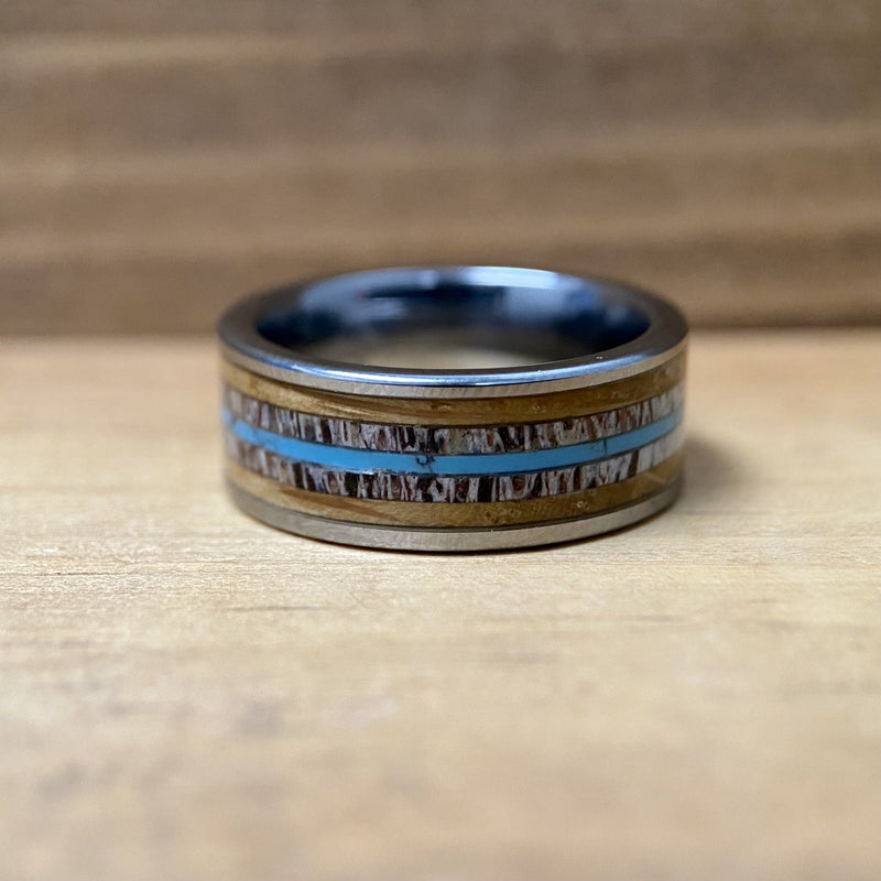 “The Westerner” Tungsten Ring With Reclaimed Bourbon Barrel, Antler and Turquoise ALT Wedding Band BW James Jewelers 