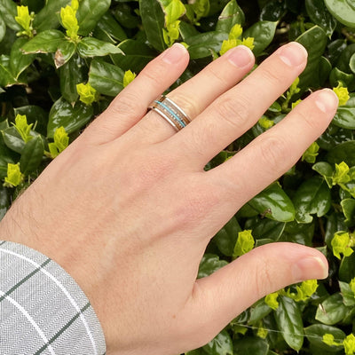 “The Westerner” Tungsten Ring With Reclaimed Whiskey, Antler and Turquoise ALT Wedding Band BW James Jewelers 