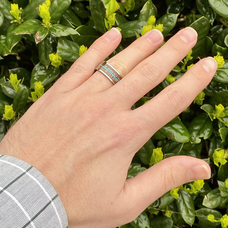 “The Westerner” Tungsten Ring With Reclaimed Whiskey, Antler and Turquoise ALT Wedding Band BW James Jewelers 