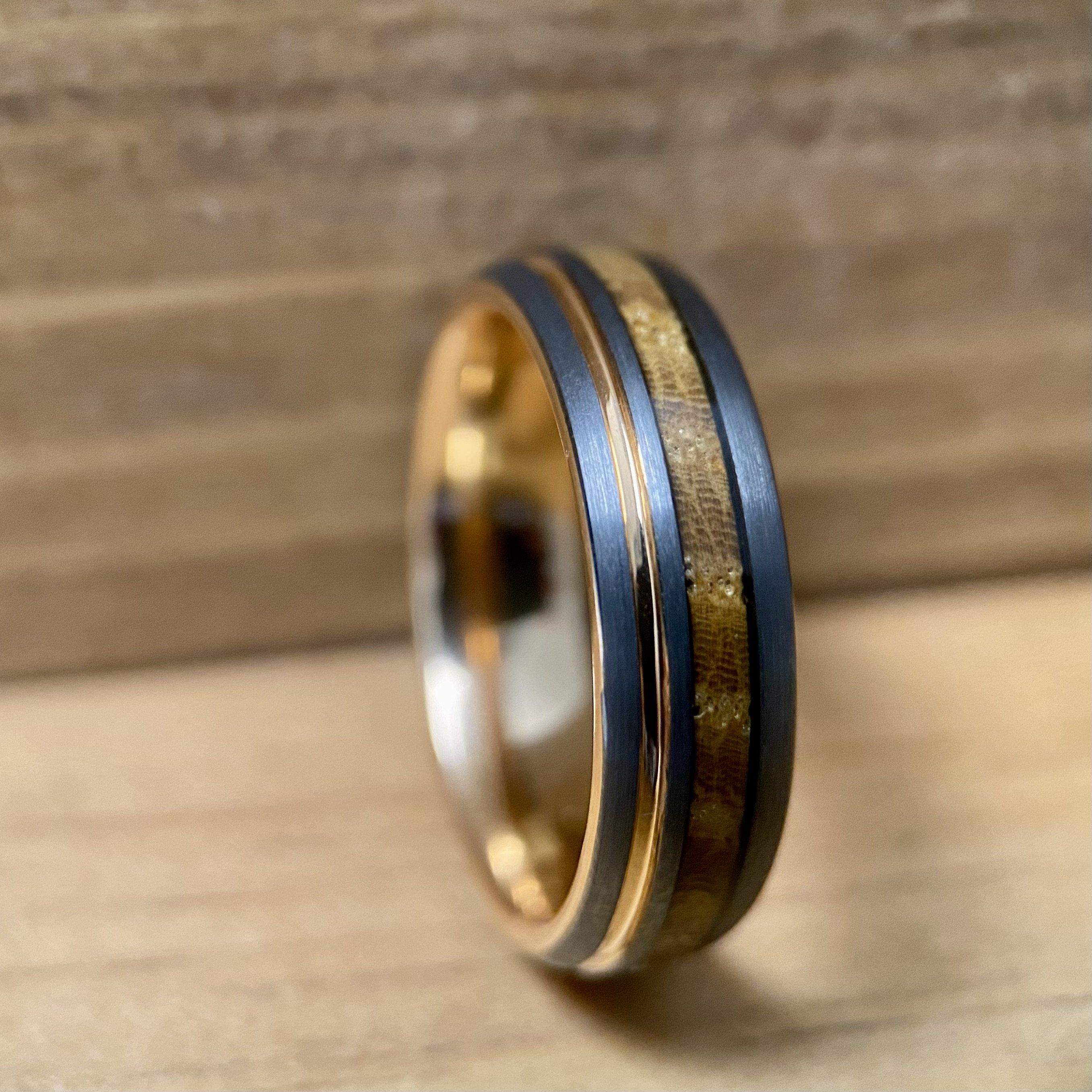 “Lady Rose” Tungsten Ring With Reclaimed Whiskey Barrel Wood And Rose Gold Color