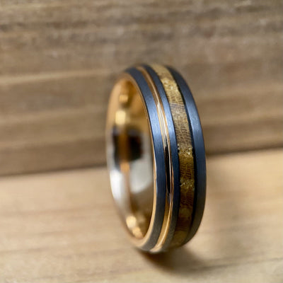 “Lady Rose” Tungsten Ring With Reclaimed Whiskey Barrel Wood And Rose Gold Color ALT Wedding Band BW James Jewelers 