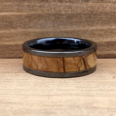 “The Holy Land” 100% USA Made Black Ceramic Ring With Olive Wood From Israel ALT Wedding Band BW James Jewelers 