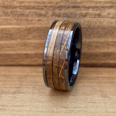 "The Gentleman" Black Ceramic Ring With Reclaimed Whiskey Barrel Wood and Tobacco Leaf Wedding Band BW James Jewelers 