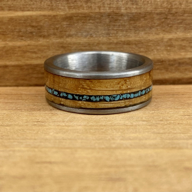 “The Tucson” Heavy Tungsten Ring With Reclaimed Bourbon Barrel And Turquoise ALT Wedding Band BW James Jewelers 
