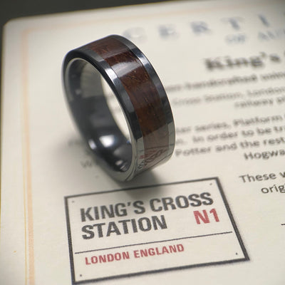 “The H Potter” 100% USA Made Black Ceramic Ring With Wood From King's Cross Station ALT Wedding Band BW James Jewelers 