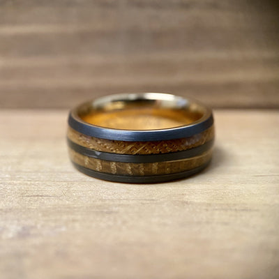 “The Whiskey” Tungsten Ring With Reclaimed Bourbon Whiskey Barrel Wood And Rose Gold Color ALT Wedding Band BW James Jewelers 