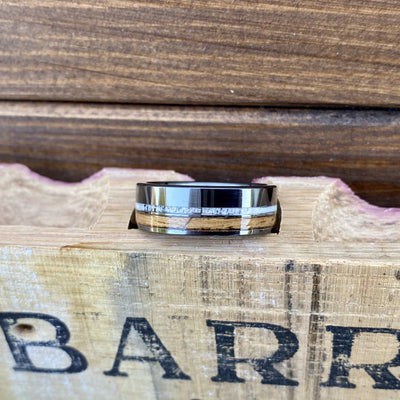 100% USA Made 8mm Black Diamond Ceramic Pipe Cut Band with Off-Center Whiskey Barrel Inlay and Turquoise Or Antler Inlay Barrel Aged 