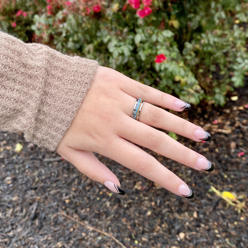 “The Lady Westerner” 6mm Tungsten Ring With Reclaimed Bourbon Barrel, Antler and Turquoise ALT Wedding Band BW James Jewelers 