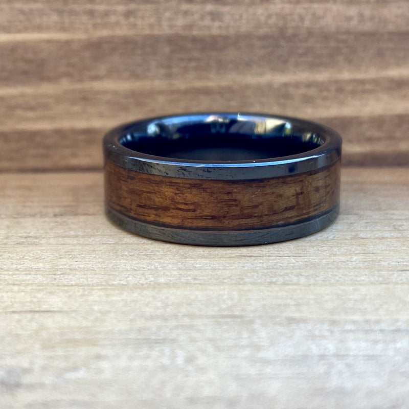 "The Battleship" 100% USA Made Black Ceramic Ring With Wood From The USS California ALT Wedding Band BW James Jewelers 