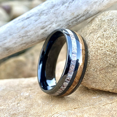 "The Daniel Boone " 8mm Kentucky Straight Bourbon Whiskey Barrel With Deer Antler Inlay Ring Set In Solid Black Ceramic ALT Wedding Band BW James Jewelers 