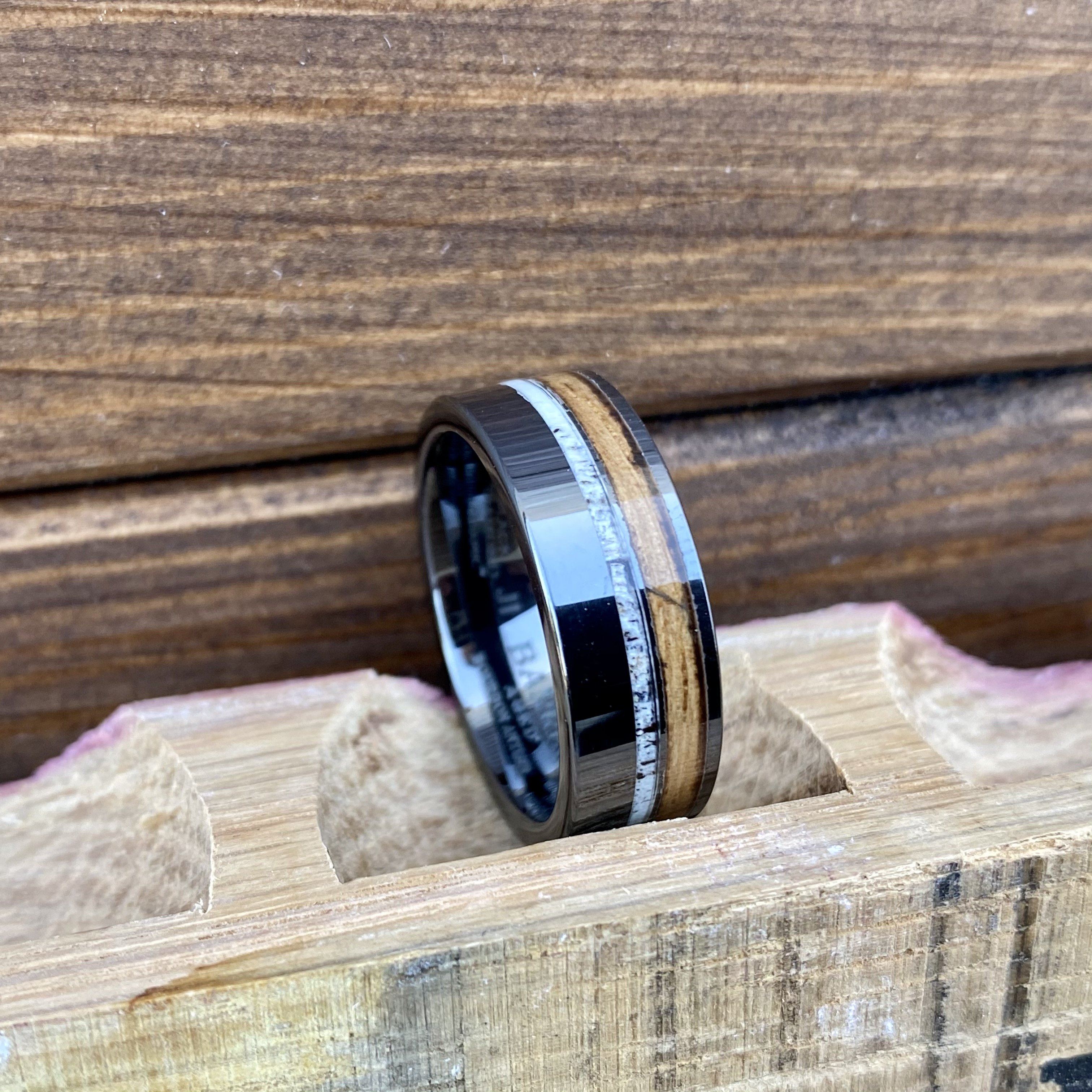 "The Huntsman" 100% USA Made Build Your Own Ring Black Diamond Ceramic Pipe Cut Band with Off-Center Wood Inlay, And Antler Inlay