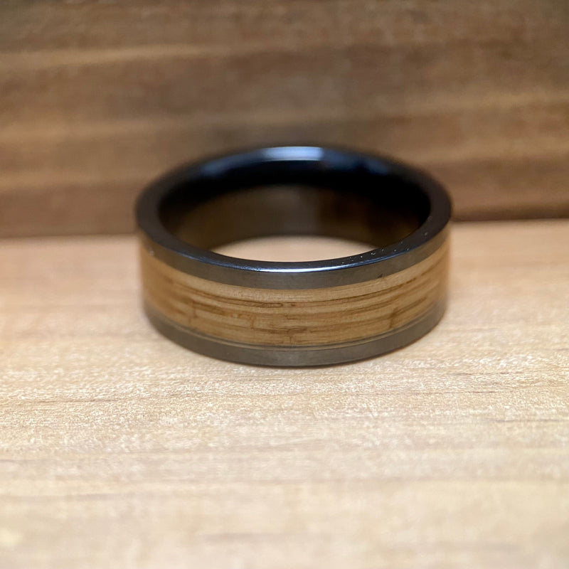“Old Ironsides" 100% USA Made Black Ceramic Ring With Wood From USS Constitution Ship ALT Wedding Band BW James Jewelers 