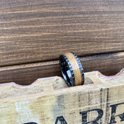 100% USA Made 8mm Black Diamond Ceramic Pipe Cut Band with Single Malt Whiskey Barrel Aged Inlay and Scored Finish Barrel Aged 