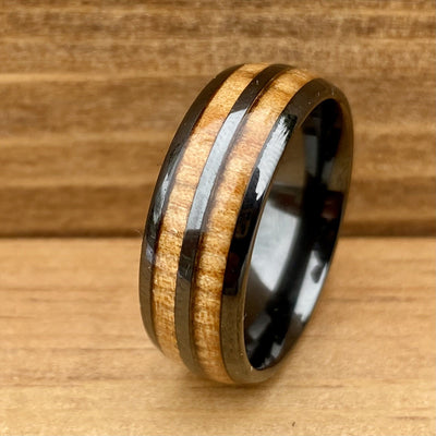 “The Motorist” 100% USA Made Black Ceramic Ring With Wood from A Model T Wheel Spoke ALT Wedding Band BW James Jewelers 