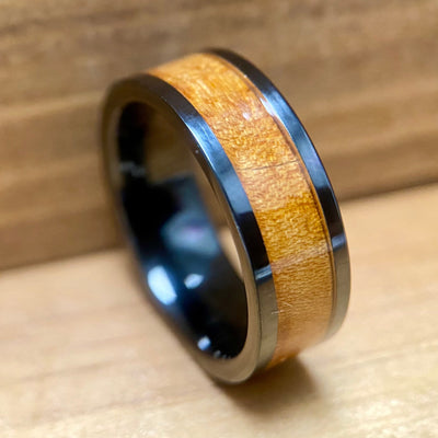 "The Franklin"100% USA Made Black Ceramic Ring With Wood From Ben Franklins Home ALT Wedding Band BW James Jewelers 