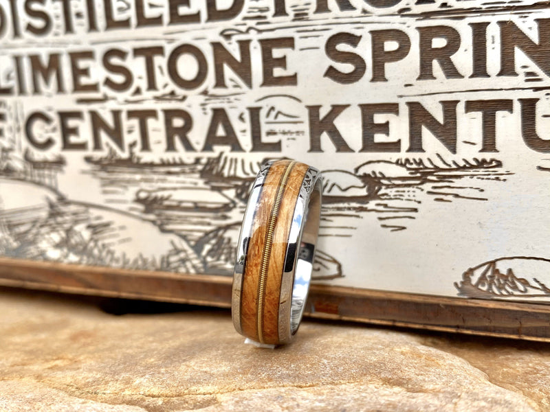 “ The Guitar Player” Tungsten Ring With Reclaimed Whiskey Barrel And Guitar String BW James Jewelers 