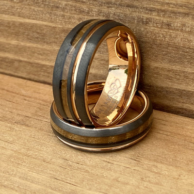 Matching Set "Copper Gentleman" “Lady Rose” Tungsten Ring With Reclaimed Whiskey Barrel Wood And Rose Gold Color ALT Wedding Band BW James Jewelers 