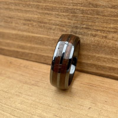 “The Corporal” 100% USA Made Black Ceramic Ring With Wood From A M1 Garand ALT Wedding Band BW James Jewelers 