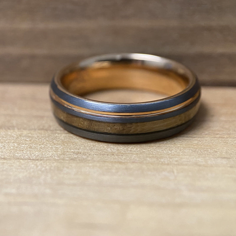 “Lady Rose” Tungsten Ring With Reclaimed Whiskey Barrel Wood And Rose Gold Color ALT Wedding Band BW James Jewelers 