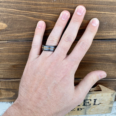 100% USA Made 8mm Black Diamond Ceramic Beveled Edge Band with Single Malt Whiskey Barrel Inlay and Grain Finish Barrel Aged 