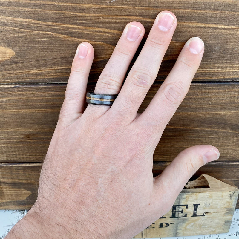 100% USA Made 8mm Black Diamond Ceramic Beveled Edge Band with Single Malt Whiskey Barrel Inlay and Grain Finish Barrel Aged 
