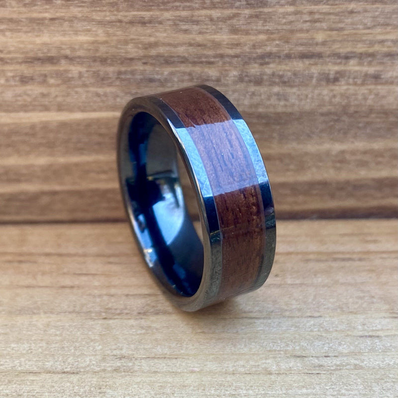 “The Sargent" 100% USA Made Black Ceramic Ring With Wood From A M1 Garand ALT Wedding Band BW James Jewelers 