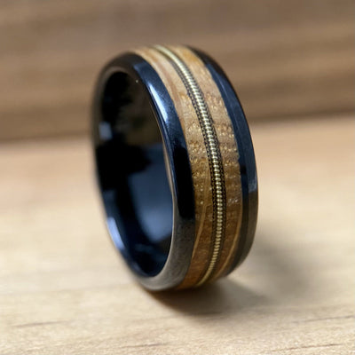 “The Bluegrass Guitar Player” Kentucky Bourbon Whiskey Barrel Black Ceramic Ring With Guitar String ALT Wedding Band BW James Jewelers 