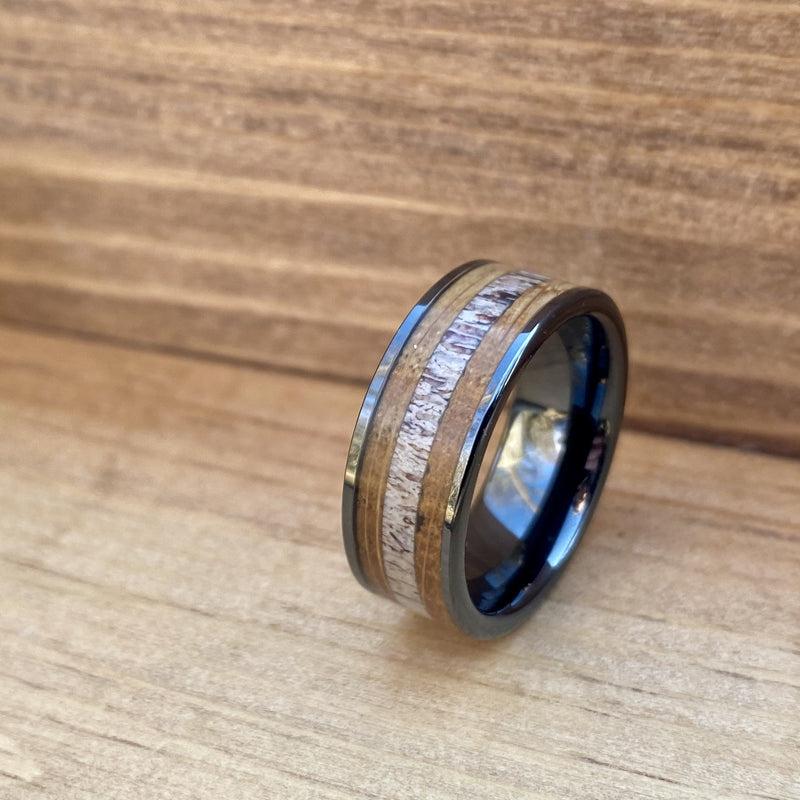 "The Outdoorsman" Black Ceramic Ring With Deer Antler and Reclaimed Whiskey Barrel Wood ALT Wedding Band BW James Jewelers 