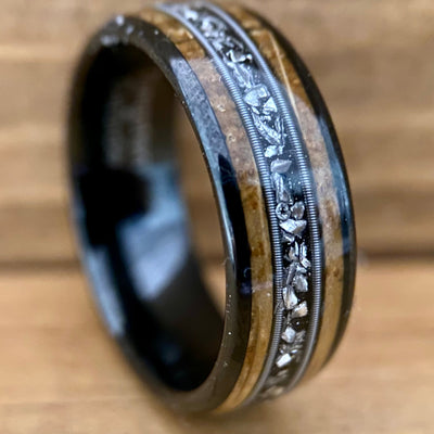 “The Space Cowboy” Kentucky Bourbon Whiskey Barrel Black Ceramic Ring With Guitar String And Meteorite ALT Wedding Band BW James Jewelers 
