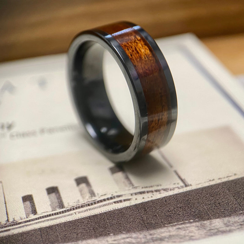 “The Olympic” 100% USA Made Black Ceramic Ring With Wood From The RMS Olympic ALT Wedding Band BW James Jewelers 