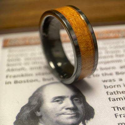"The Franklin"100% USA Made Black Ceramic Ring With Wood From Ben Franklins Home ALT Wedding Band BW James Jewelers 