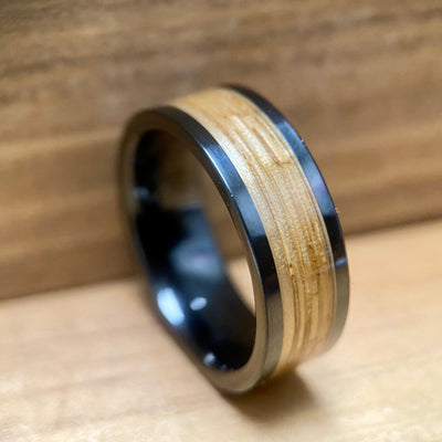 “Old Ironsides" 100% USA Made Black Ceramic Ring With Wood From USS Constitution Ship ALT Wedding Band BW James Jewelers 