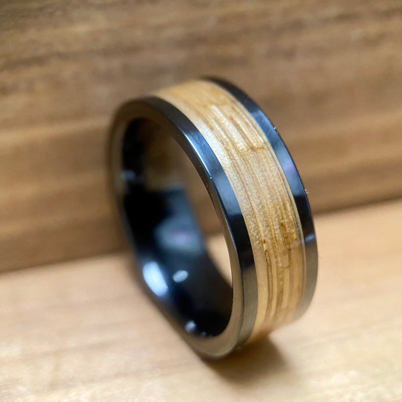 “Old Ironsides" 100% USA Made Black Ceramic Ring With Wood From USS Constitution Ship ALT Wedding Band BW James Jewelers 