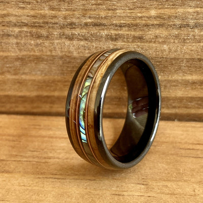 “The Rockstar” Bourbon Whiskey Barrel Black Ceramic Ring With Guitar String ALT Wedding Band BW James Jewelers 