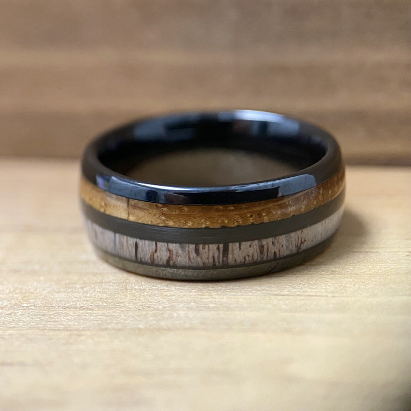 "The Daniel Boone" Kentucky Straight Bourbon Whiskey Barrel Black Ceramic Ring With Antler ALT Wedding Band BW James Jewelers 