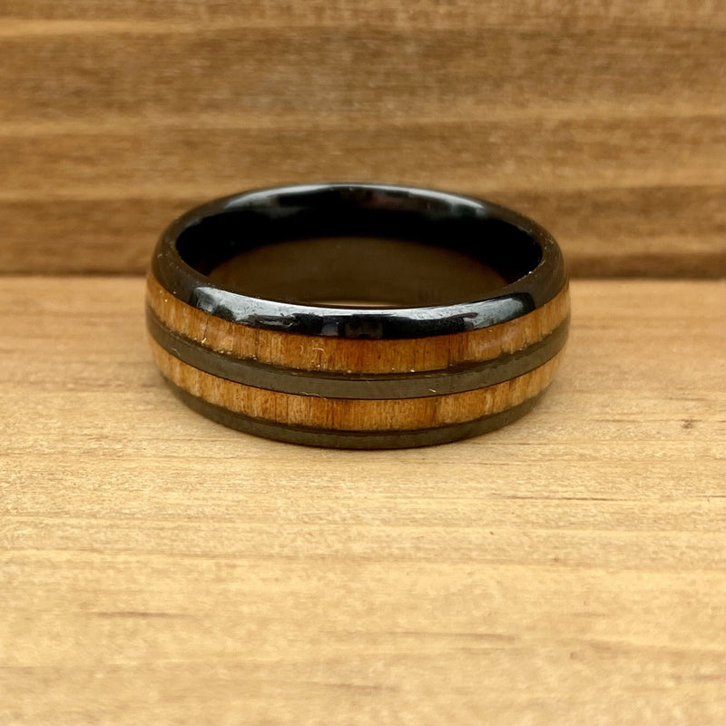 “The Motorist” 100% USA Made Black Ceramic Ring With Wood from A Model T Wheel Spoke ALT Wedding Band BW James Jewelers 