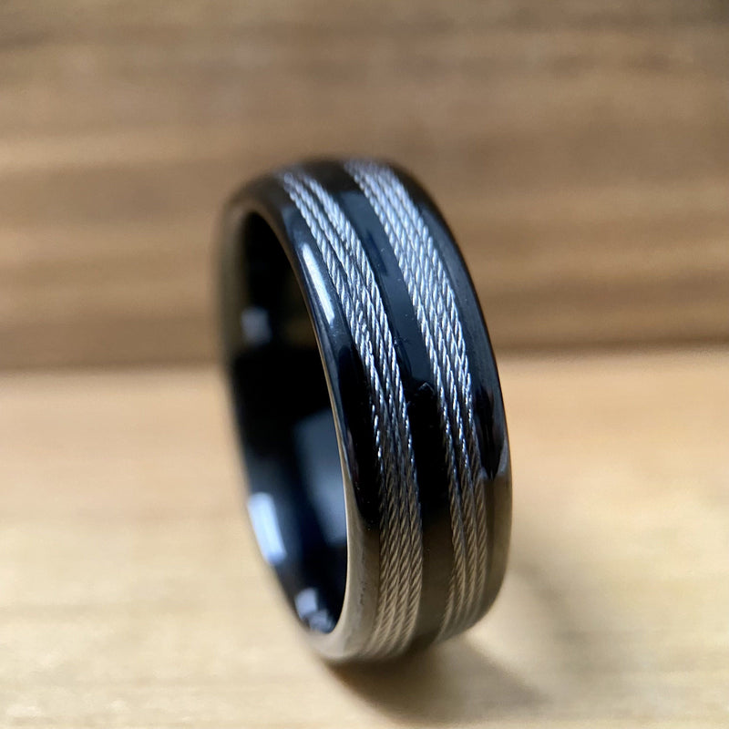 “The Angler” Black Tungsten Ring With Fishing Line ALT Wedding Band BW James Jewelers 