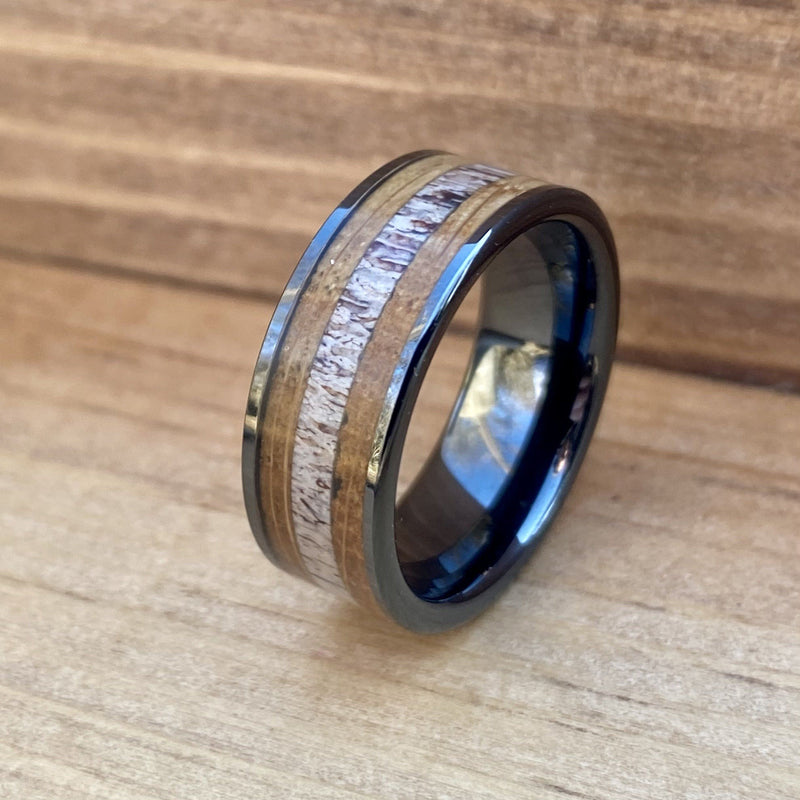 "The Outdoorsman" Black Ceramic Ring With Deer Antler and Reclaimed Whiskey Barrel Wood ALT Wedding Band BW James Jewelers 