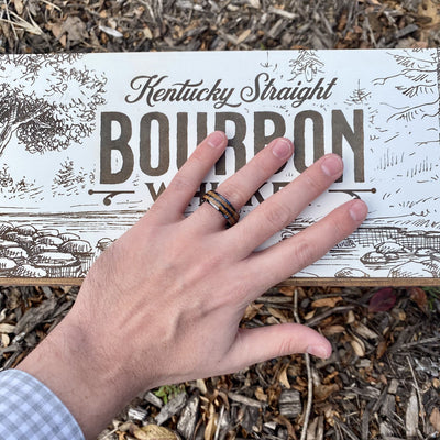 "The Blue Grass" 8mm Kentucky Straight Bourbon Barrel Inlay Ring Set In Solid Black Ceramic ALT Wedding Band BW James Jewelers 