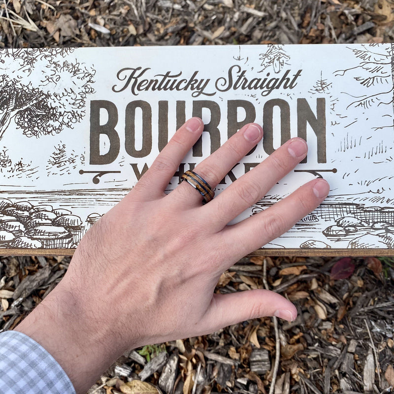 "The Blue Grass" 8mm Kentucky Straight Bourbon Barrel Inlay Ring Set In Solid Black Ceramic ALT Wedding Band BW James Jewelers 