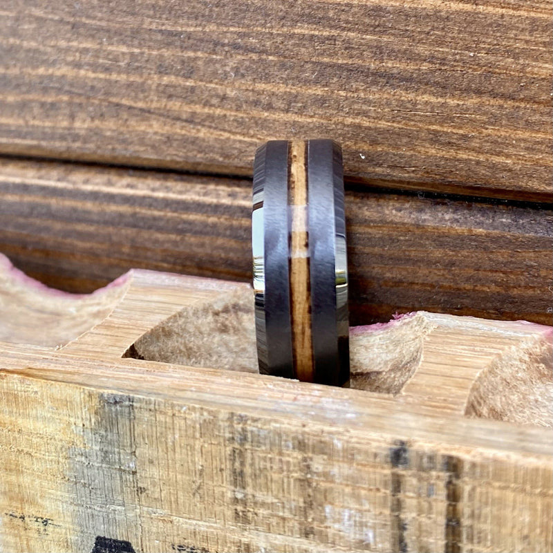 100% USA Made 8mm Black Diamond Ceramic Beveled Edge Band with Single Malt Whiskey Barrel Inlay and Grain Finish Barrel Aged 