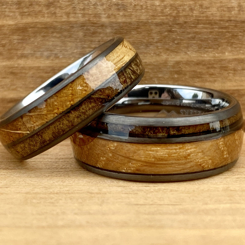 Matching Set “W&M Churchill” Kentucky Straight Bourbon Whiskey Barrel Tungsten Ring ALT Wedding Band BW James Jewelers 